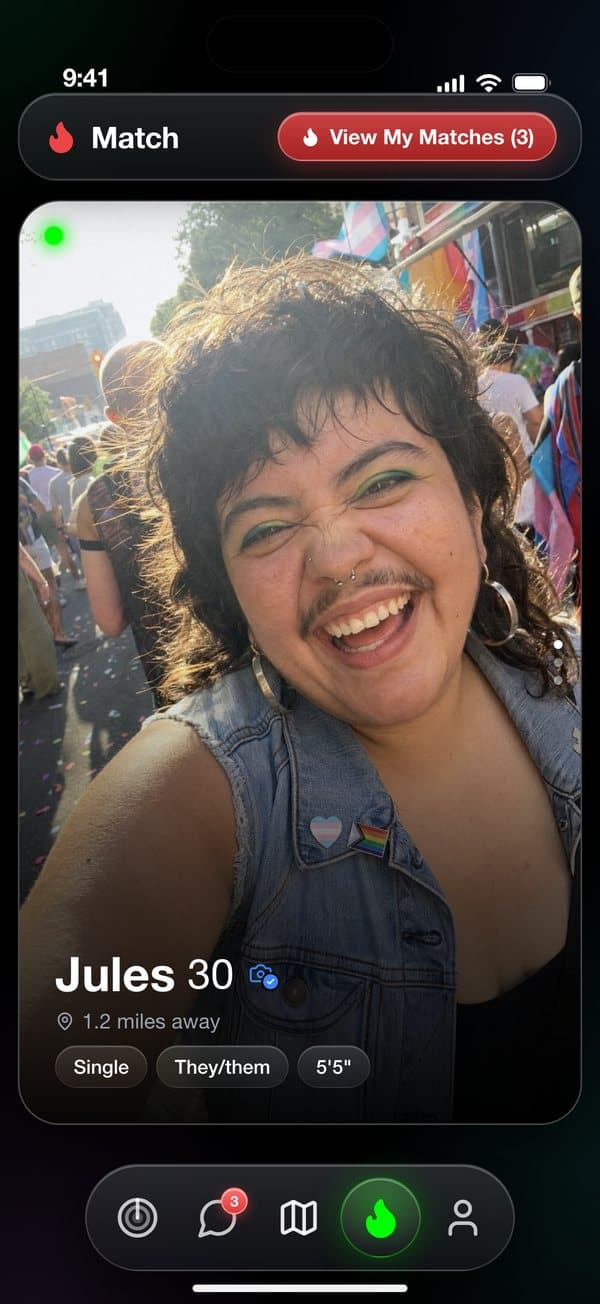 Gaydar Match card, swipe to connect