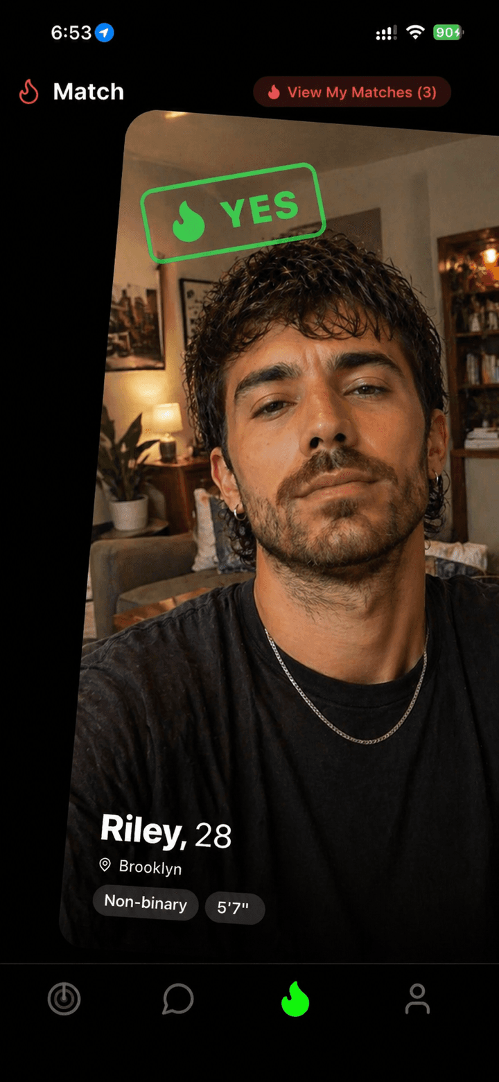 Gaydar Match card, swipe to connect
